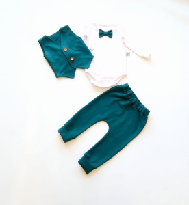 Komplet zieleń butelkowa - kamizelka, body i baggy  