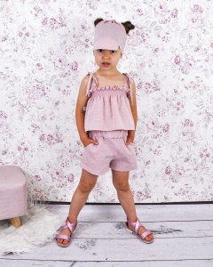 Komplet róż kwarcowy batyst  - koszulka, spodenki i chusta z daszkiem