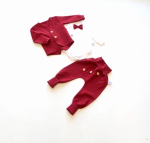 Komplet bordo z guziczkami - frak, body i baggy bezuciskowe 