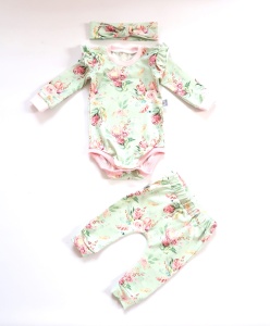 Komplet kwiaty na mięcie  - body, legginsy i opaska 