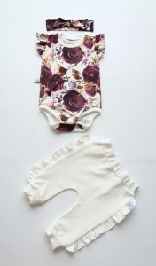 Komplet zaczarowany ogród i ecru - body, legginsy i opaska  