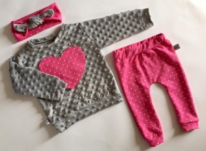 Komplet szare minky i groszki na fuksji - bluza+legginsy+opaska