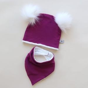 Komplet purpura i białe pompony  -  czapka i chusta  