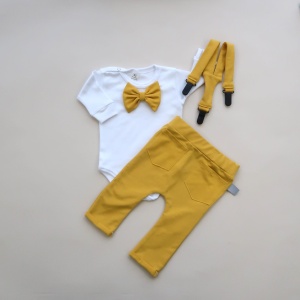 Komplet musztarda - baggy i body z muchą oraz szelki