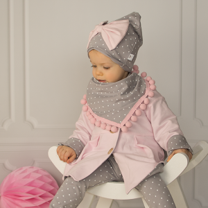 Komplet groszki na szarym z dużą kokardą -  czapka i chusta