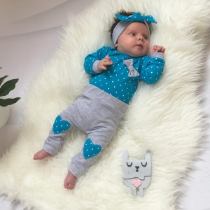Komplet groszki na turkusie i szarości - body i legginsy 