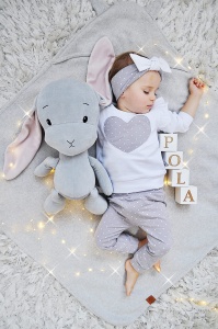 Komplet biel i groszki na szarym - bluza, legginsy i opaska 