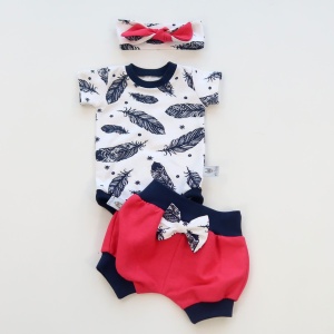 Komplet len i piórka granat - body, spodenki bezuciskowe i opaska