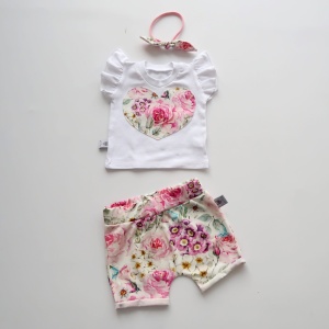 Komplet letnie kwiaty - spodenki, koszulka i opaska bezuciskowa