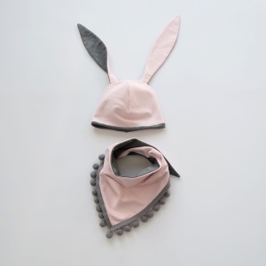 Komplet króliczek jasny róż i melanż - czapka i chusta