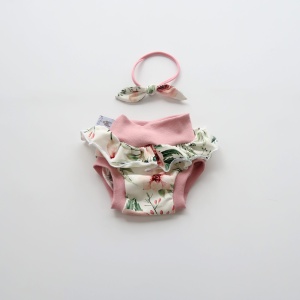 Komplet - bloomersy kwiaty w ogrodzie z falbanką  i opaska