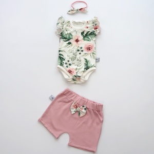 Komplet - body kwiaty w ogrodzie, spodenki i opaska 