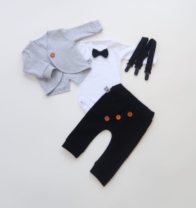 Komplet czerń i szarości - frak, body, baggy i szelki 