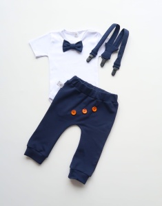 Komplet granat z guziczkami - baggy i body z muchą oraz szelki
