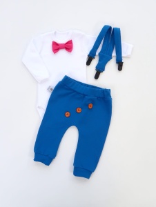 Komplet chaber i fuksja z guziczkami  - baggy i body z muchą oraz szelki  