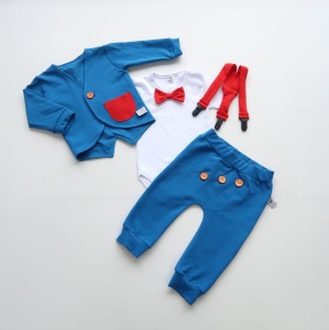 Komplet chaber i czerwień z guziczkami - frak, body, baggy i szelki  