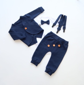 Komplet granat z guziczkami - frak, body z krótkim rękawem, baggy i szelki 