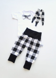 Komplet krata czarna - bezuciskowe baggy, body  z muchą i szelki   