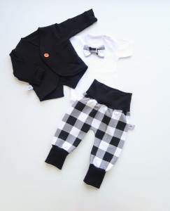 Komplet czerń z guziczkami i krata - frak, body i baggy bezuciskowe  