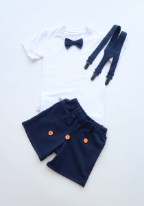 Komplet granat z guziczkami - spodenki, koszulka z muchą oraz szelki  