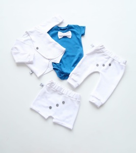 Komplet biel  z guziczkami i chaber - frak, body, baggy  i spodenki