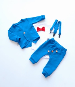 Komplet chaber z guziczkami - frak, body z czerwoną muchą, baggy i szelki  