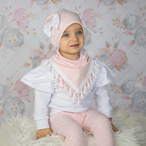 Komplet groszki i biel -  czapka i chusta    