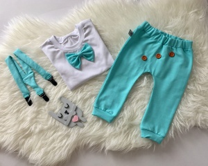 Komplet aqua z guziczkami - baggy i koszulka z krótkim rękawem oraz szelki