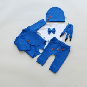 Komplet chaber z guziczkami - frak, body, baggy i szelki oraz czapka 