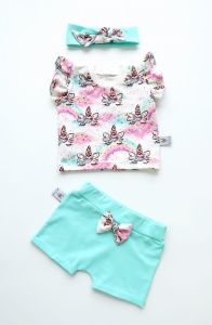 Komplet jednorożce i aqua  - koszulka, spodenki i opaska 
