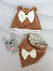 Komplet z uszami brąz i ecru -  czapka i chusta   