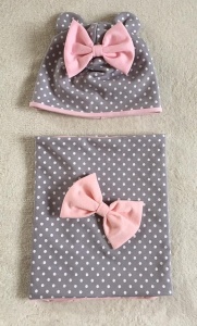 Two-layer spots and pink set with small ears -  cap and chimney scarf