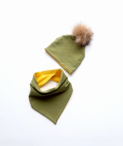 Komplet khaki z musztardą i beżowy pompon -  czapka i chusta  