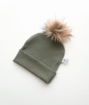 Czapka khaki prążki i beżowy pompon 