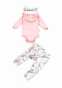 Komplet romantyczne róże i róż kwarcowy z falbanką - body, legginsy i opaska  