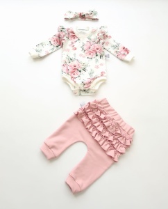 Komplet bukieciki róż i róż kwarcowy - body, legginsy i opaska  