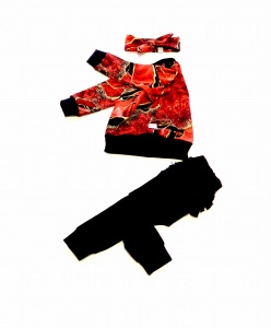 Komplet czerwony marmurek i czerń - bluza bomberka, legginsy z falbankami i opaska  