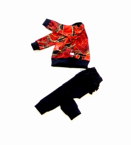 Komplet czerwony marmurek i czerń - bluza na zamek i legginsy z falbankami  
