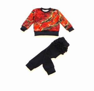 Komplet czerwony marmurek i czerń - bluza i legginsy z falbankami   