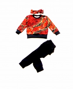Komplet czerwony marmurek i czerń - bluza, legginsy z falbankami  i opaska