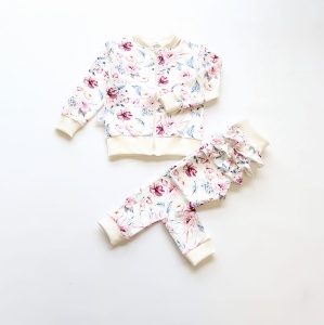 Komplet akwarelowe kwiaty - bluza bomberka i legginsy z falbankami