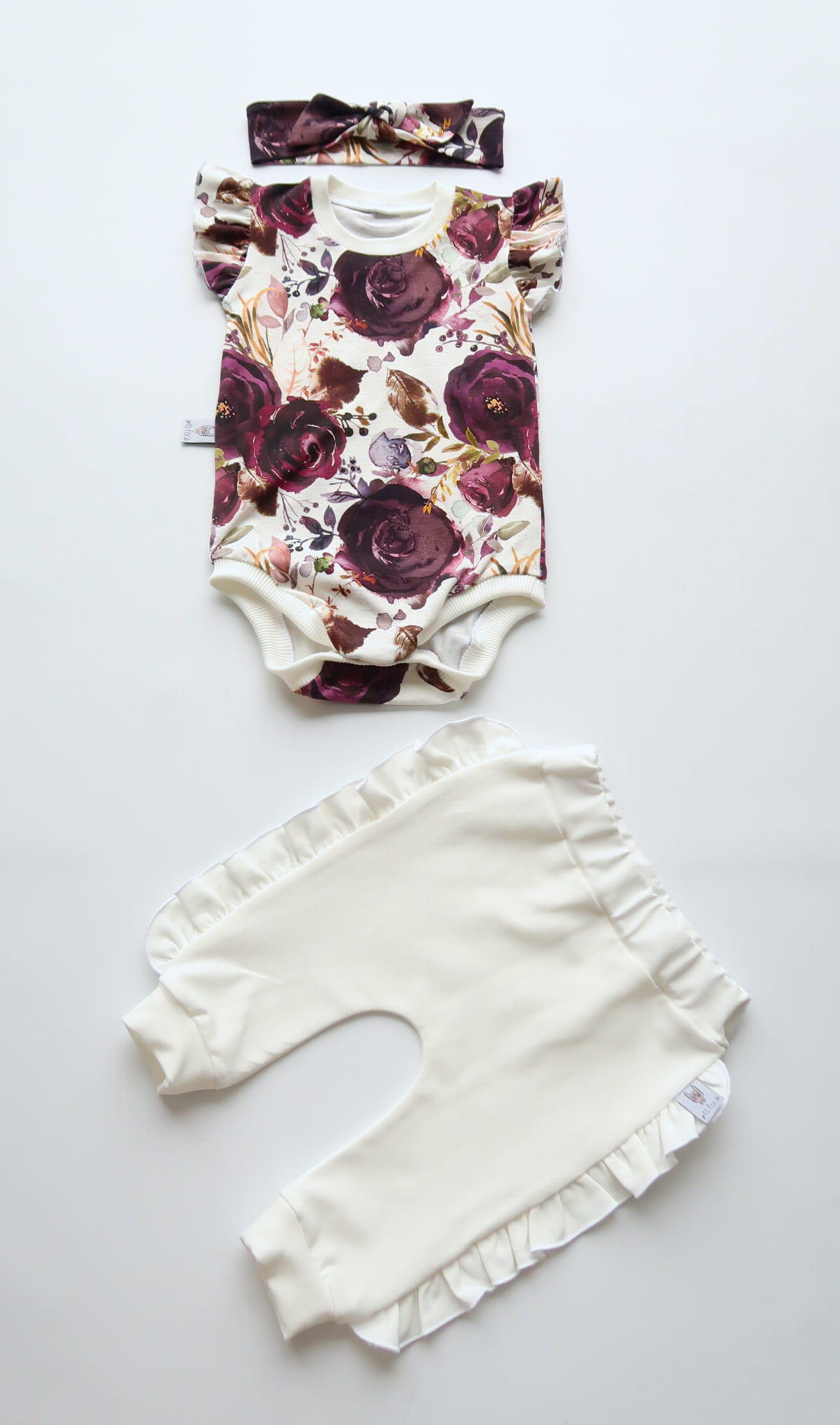 Komplet zaczarowany ogród i ecru - body, legginsy i opaska  