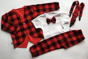 Black-red squared set - coat, t-shirt, trousers and braces
