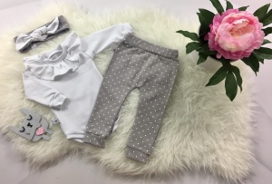 Komplet biel z falbanką - body+legginsy+opaska   