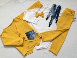 Komplet musztarda - frak, body, baggy i szelki  jeans