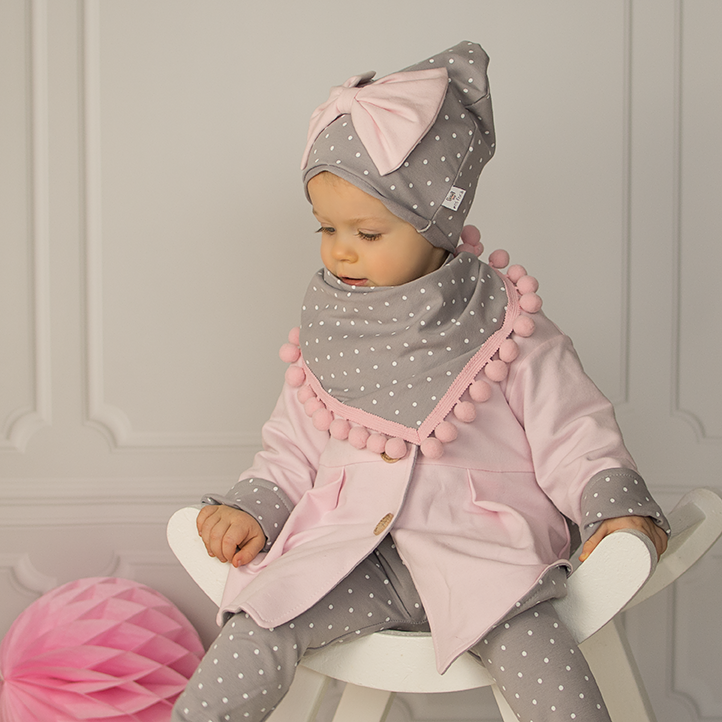 Spots set on gray with big bow - cap and neckerchief with pom-poms