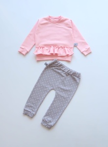 Komplet róż z falbanką i groszki - bluza i legginsy 
