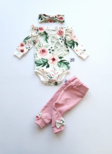 Komplet kwiaty w ogrodzie i róż kwarcowy - body, legginsy  i opaska 