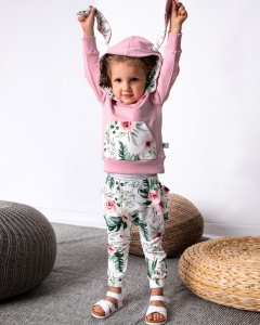 Komplet kwiaty w ogrodzie i róż kwarcowy - bluza króliczek i legginsy z falbankami 
