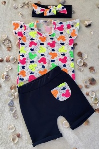 Neon Mickey with neavy blue set - t-shirt, shorts and headband